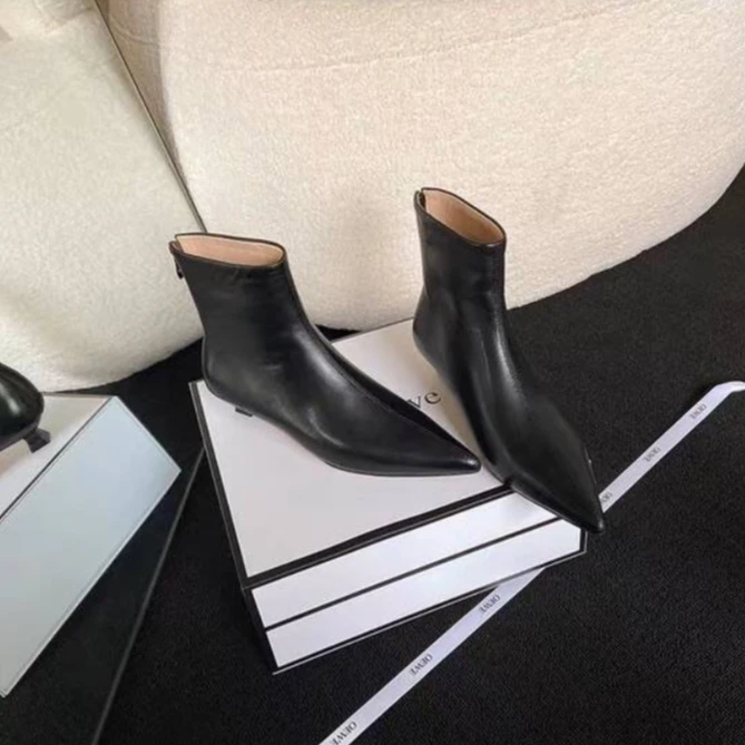 全羊皮断码清仓短靴女2025秋冬新款3公分细跟瘦瘦靴法式尖头单靴