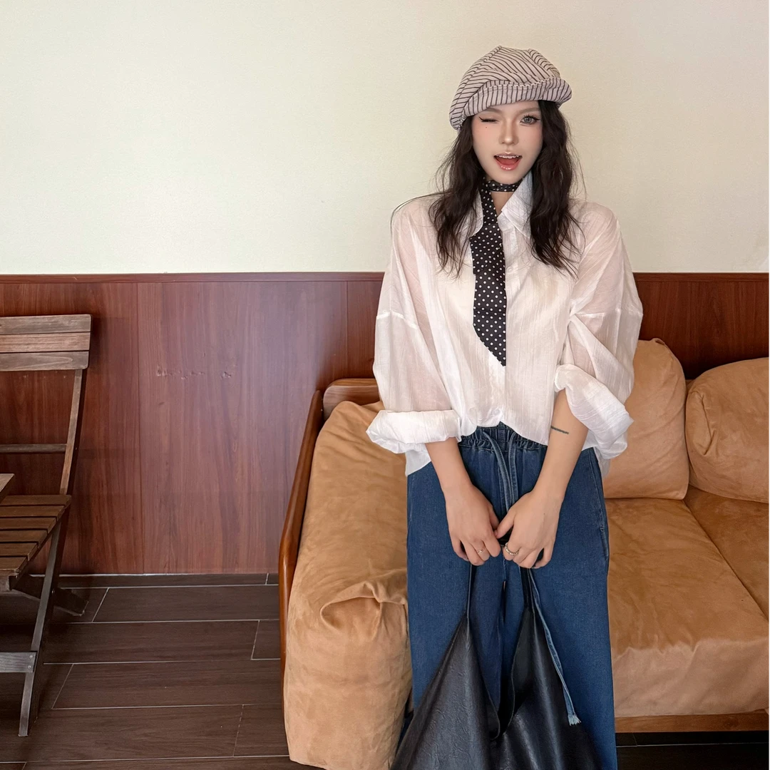 INS风常规袖不褪色衬衫慵懒时尚1101＋蓝色阔腿牛仔裤20171套装