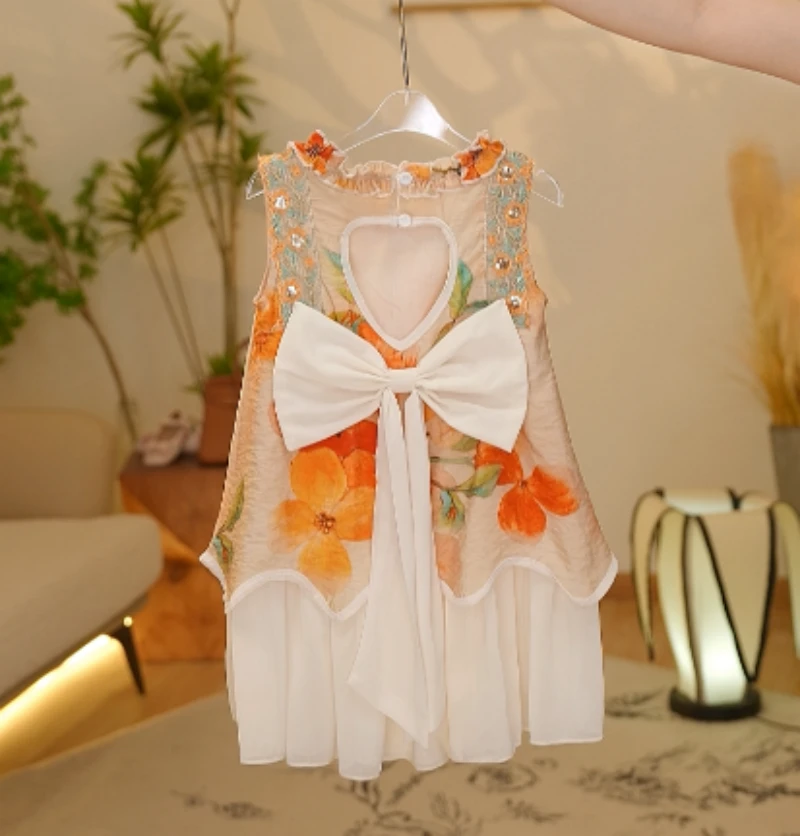 【Y.d0710】2025新款女童爱心露背蝴蝶结连衣裙女宝无袖国风汉服裙