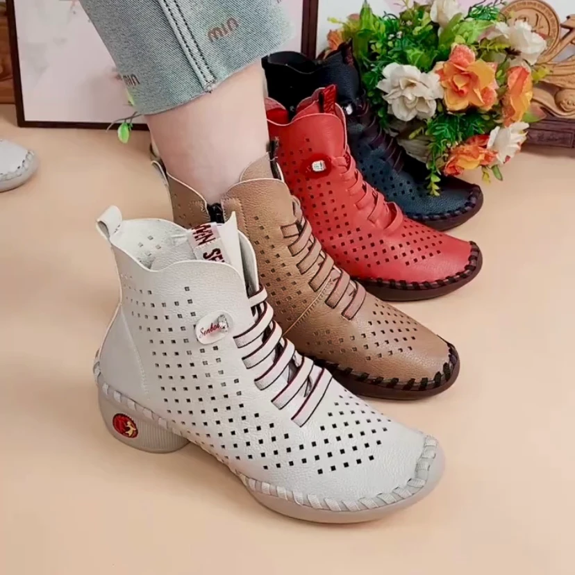 森柏文2025春夏季爆款舞蹈鞋时尚软底休闲妈妈鞋粗跟高帮镂空短靴