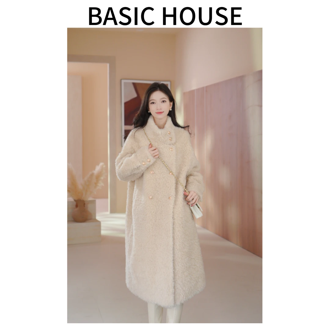Basic House/百家好新款立领羊毛外套冬季高端百搭时尚长款大衣C