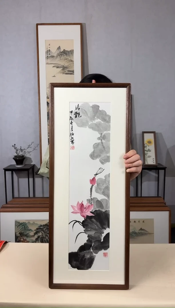 国画手绘*荷花*28*72cm实木框