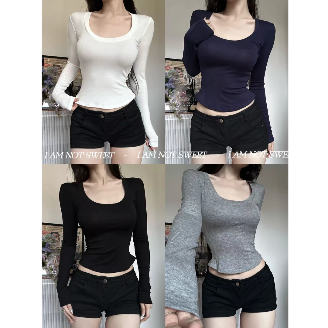 【花花不甜】纯欲长袖莱赛尔 大领口基础辣妹修身百搭高弹多色T