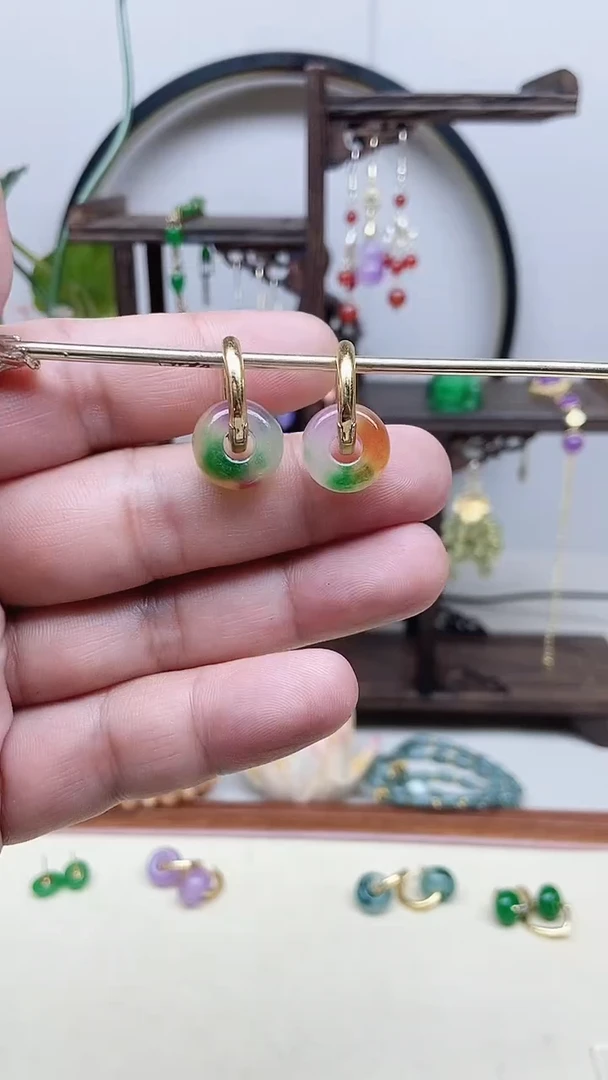 翡翠14K金镶嵌耳饰122号春彩