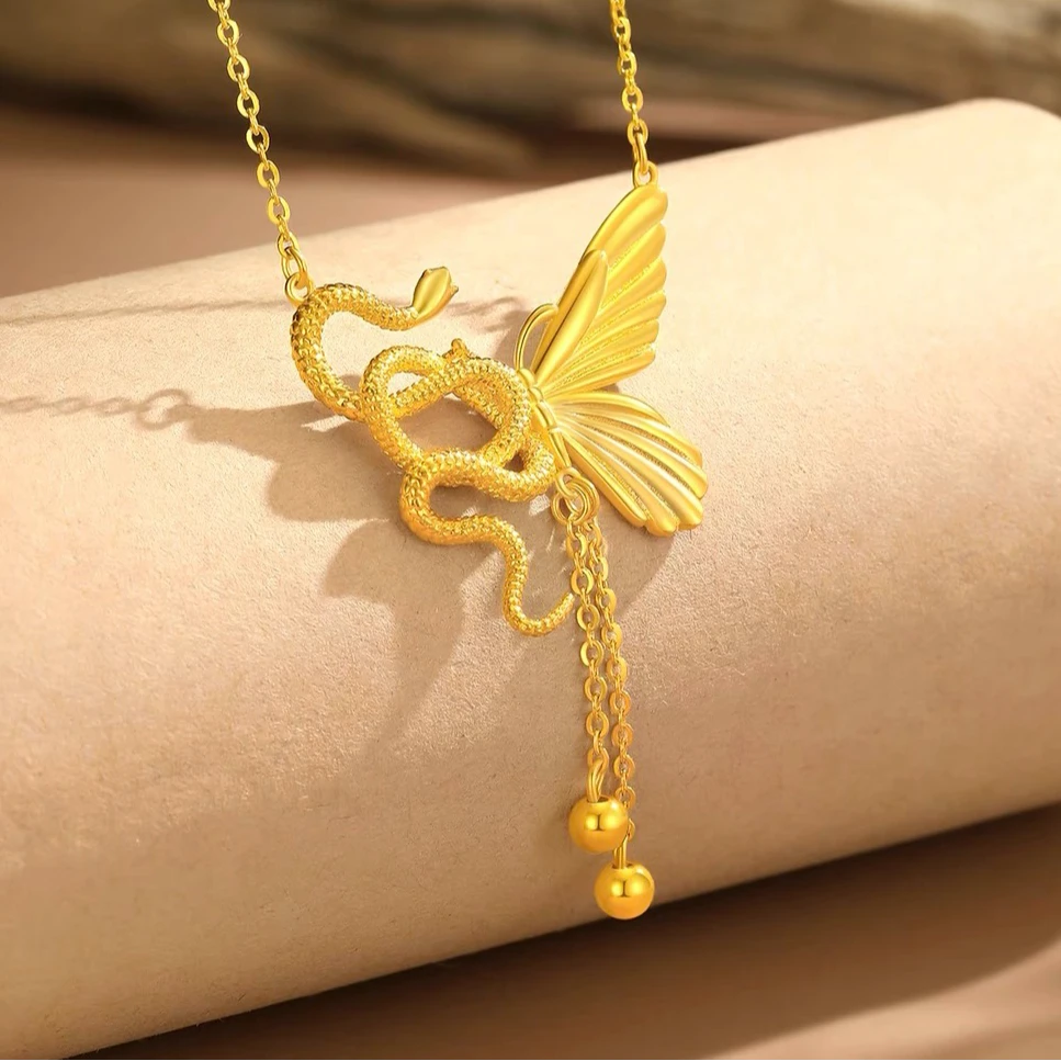 足金999灵蛇与蝴蝶黄金项链女款