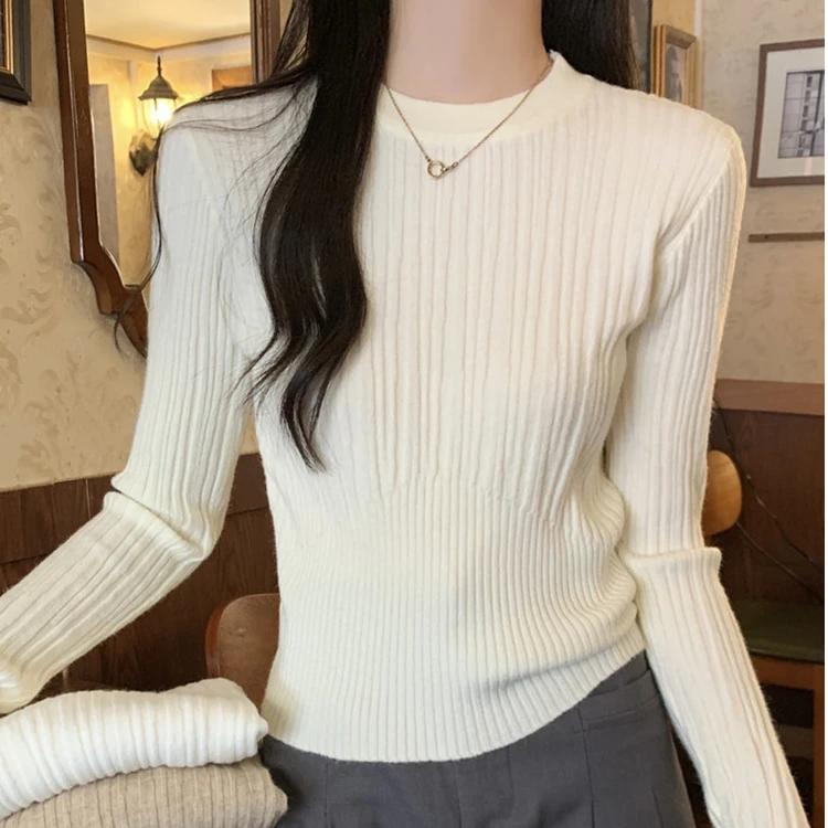 法式温柔小香风早春软糯针织打底衫女毛衣修身内搭秋冬圆领小上衣