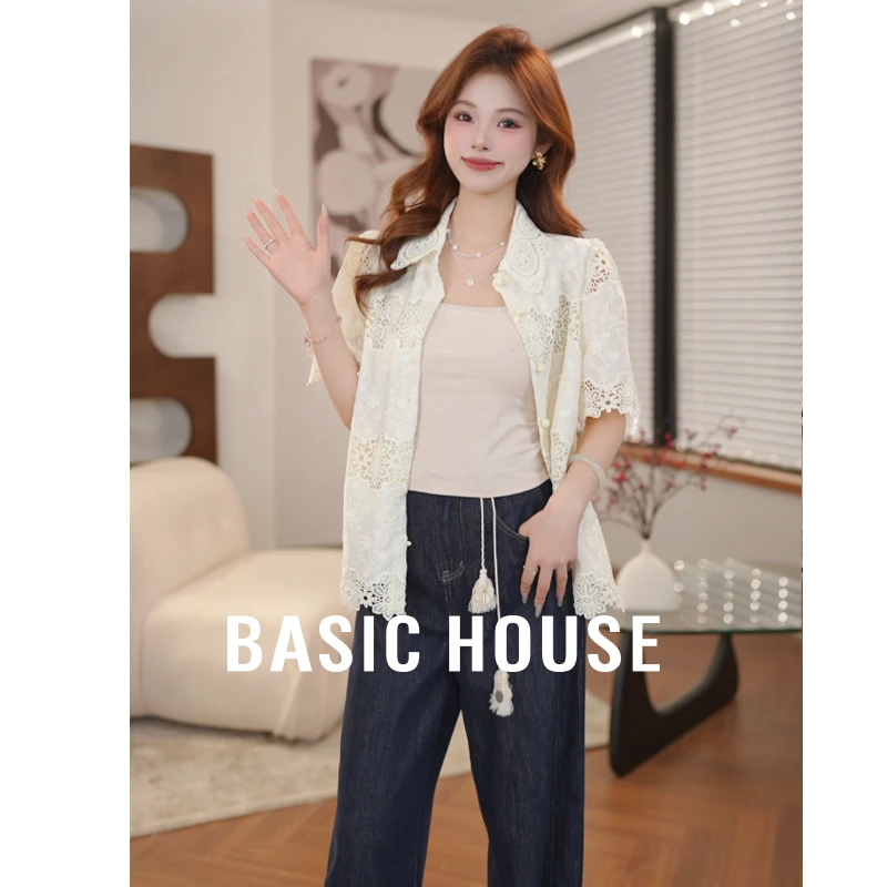 Basic House/百家好夏季新款镂空宽松减龄时尚短袖显瘦衬衫B5Q912