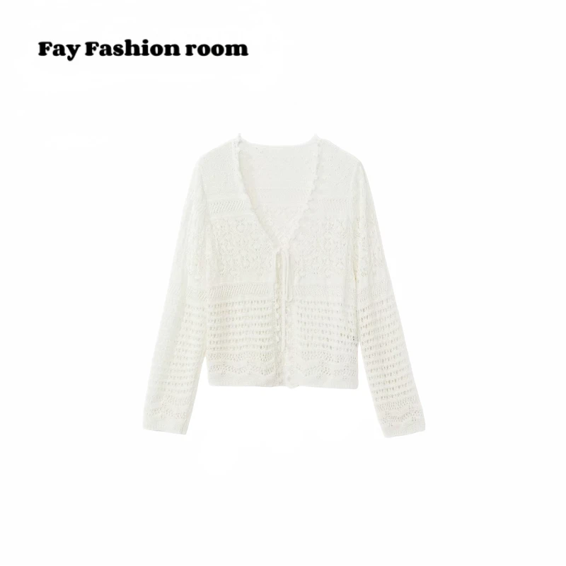 FAY| 镂空亚麻开衫系带花边外搭罩衫小衫