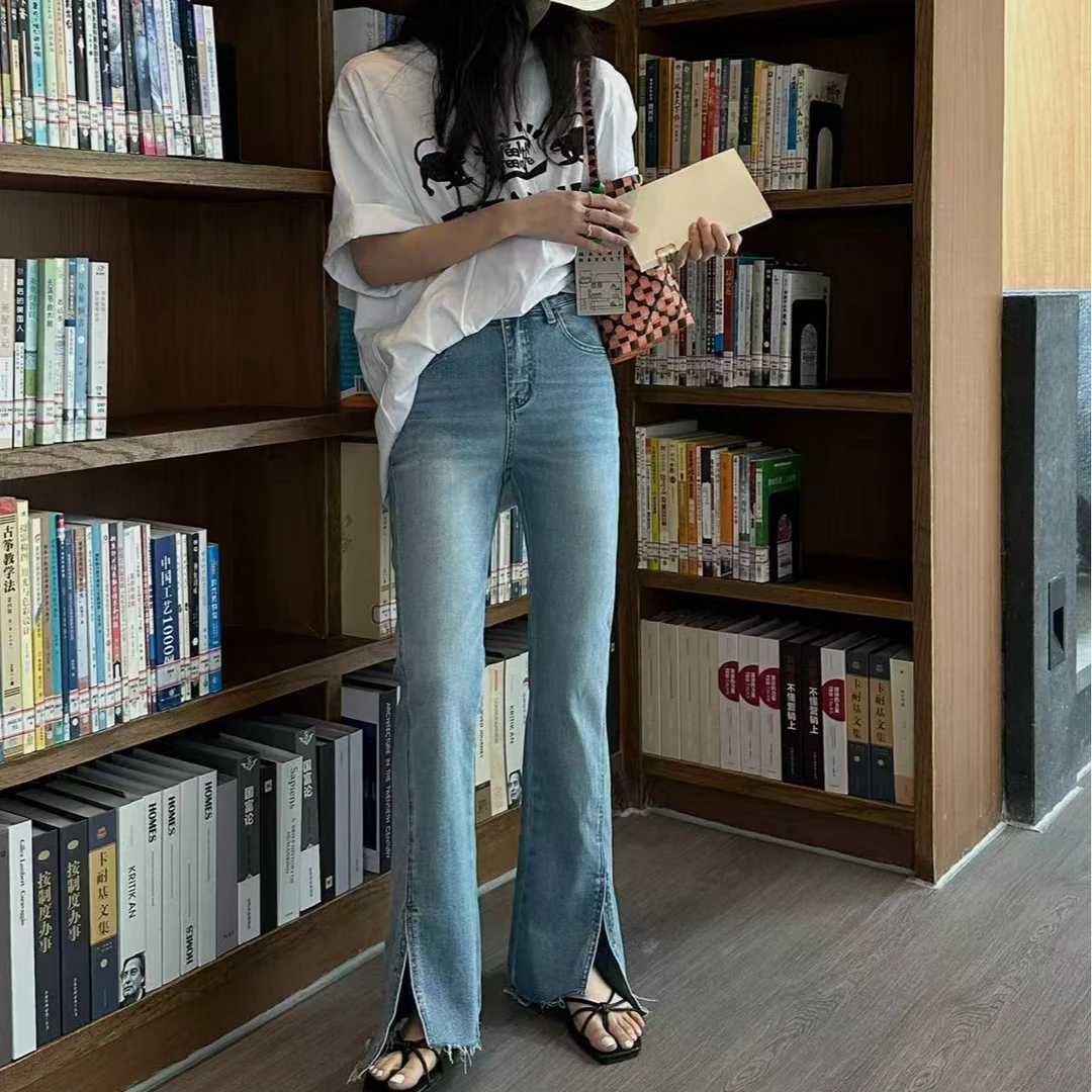 2025春季新款时尚高腰弹力显瘦脚口开叉微喇牛仔拖地裤女