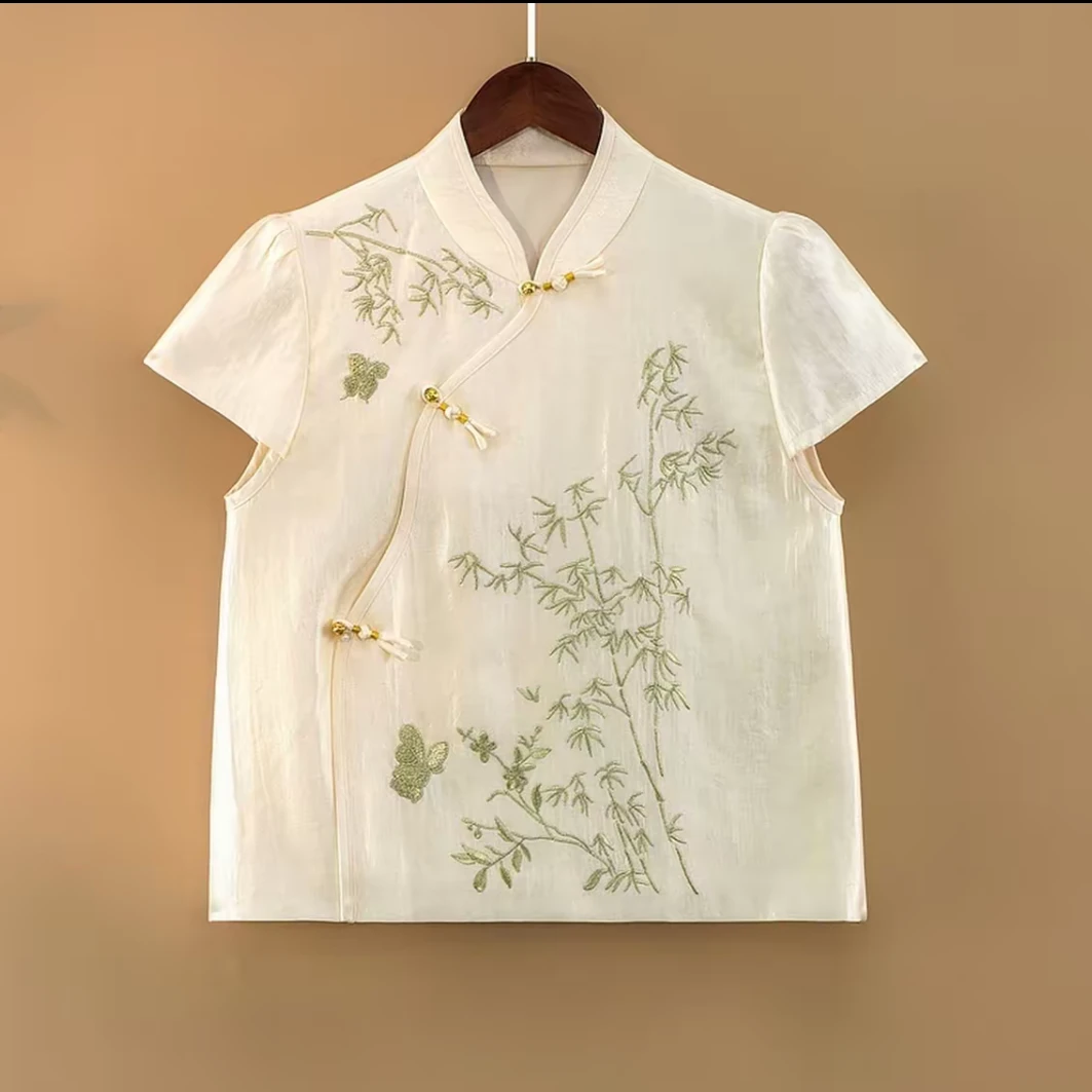 夏季中国风薄款气质竹节刺绣中式时尚立领显瘦上衣