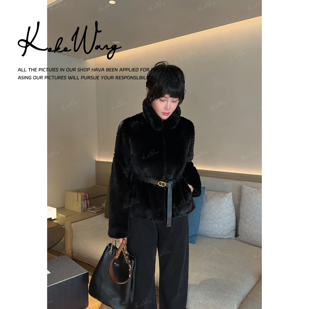 KOKO WANG【红标系列】秋冬高级感立领收腰系带水貂外套X0685J07W43