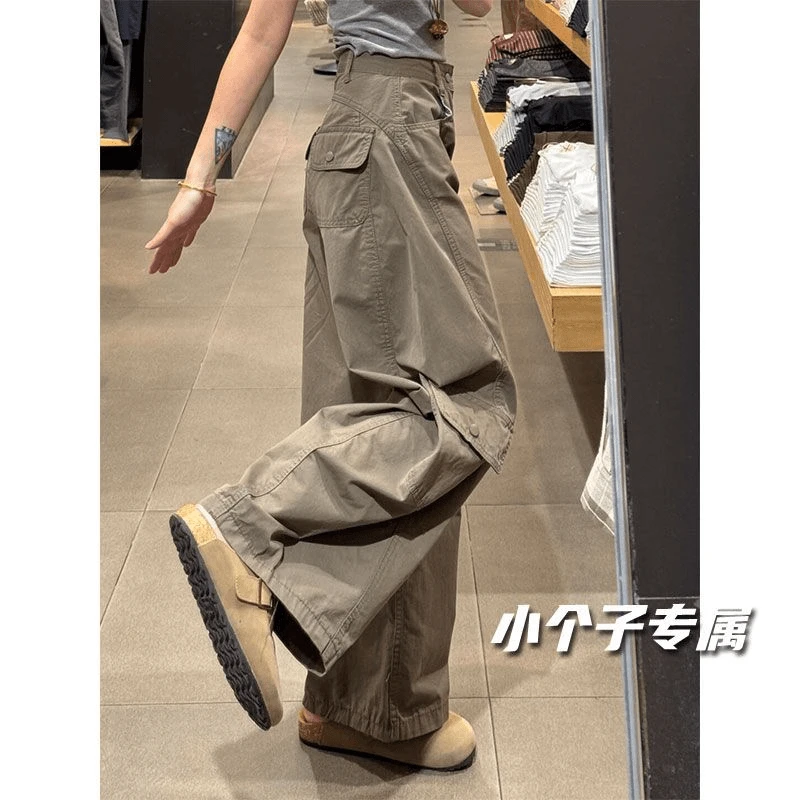 美式复古水洗军绿色工装裤女2025年秋季新款高腰阔腿多口袋休闲裤