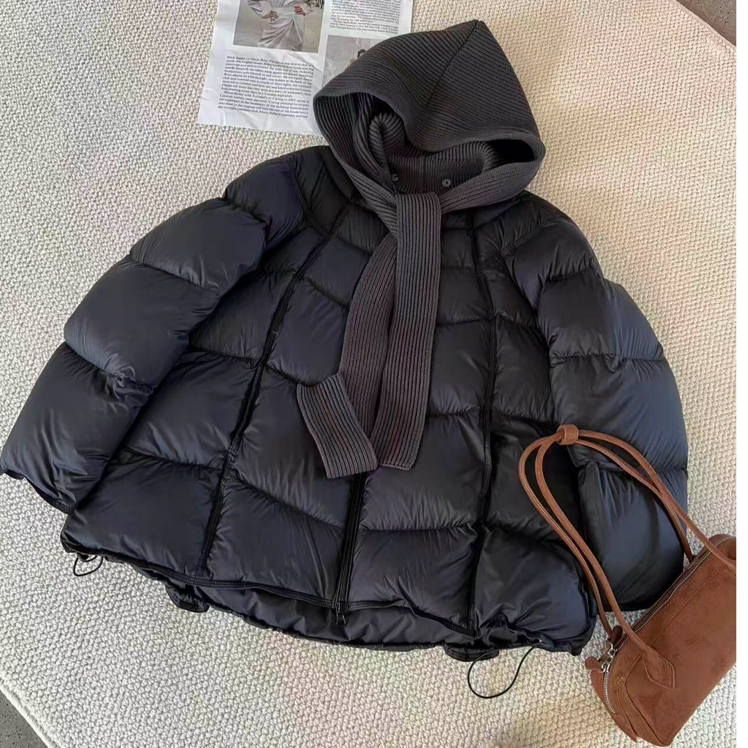 2025冬季新款韩系保暖加厚白鸭绒外套泡芙可拆卸针织连帽羽绒服女