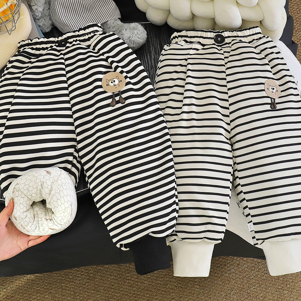 儿童加绒加厚裤子四层卫裤宝宝条纹棉裤男女童保暖休闲裤一条过冬