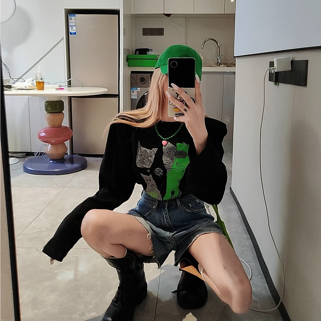 宠儿【2025夏季韩版财神2色猫咪印花时尚百搭体恤】