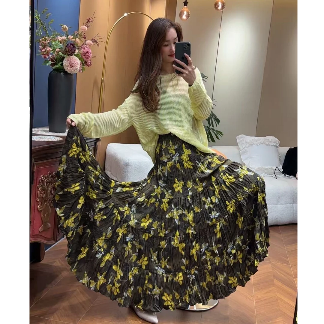 新款复古优雅碎花显瘦气质女半身裙咖啡黄花6米大裙摆高腰半身裙