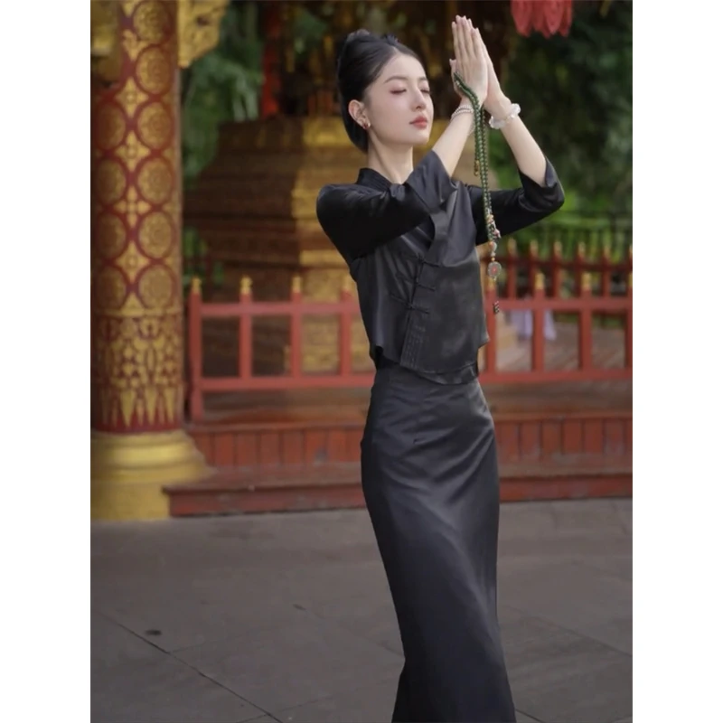 新中式国风穿搭一整套轻奢高级感名媛气质大方得体黑色盘扣套装秋