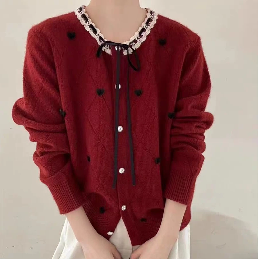 新年红大码女装秋冬蝴蝶结系绳针织开衫遮肉遮肚洋气长袖上衣2336