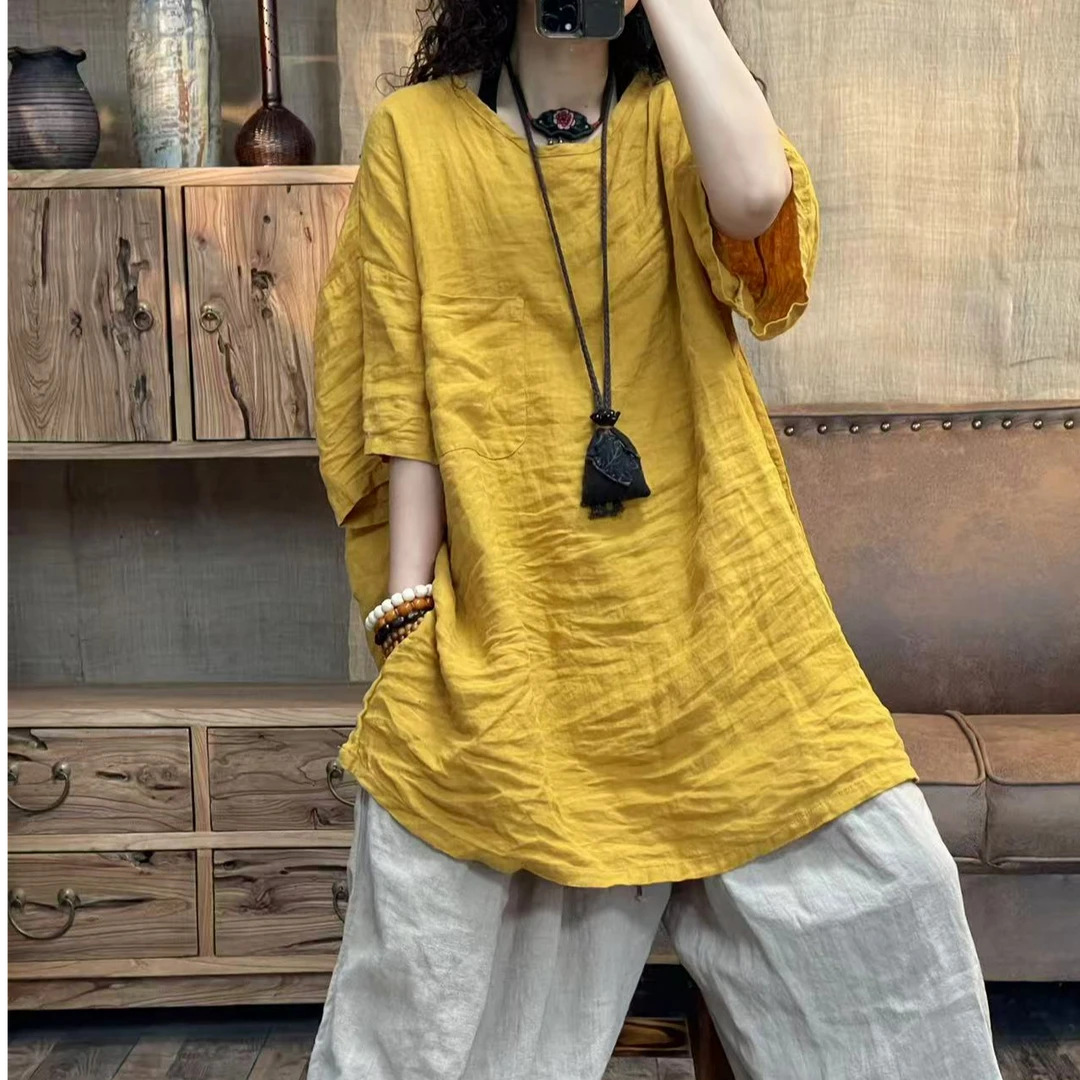 [四月阳光]夏季新品亚麻做旧圆领休闲女装上衣(长82-86胸围142)