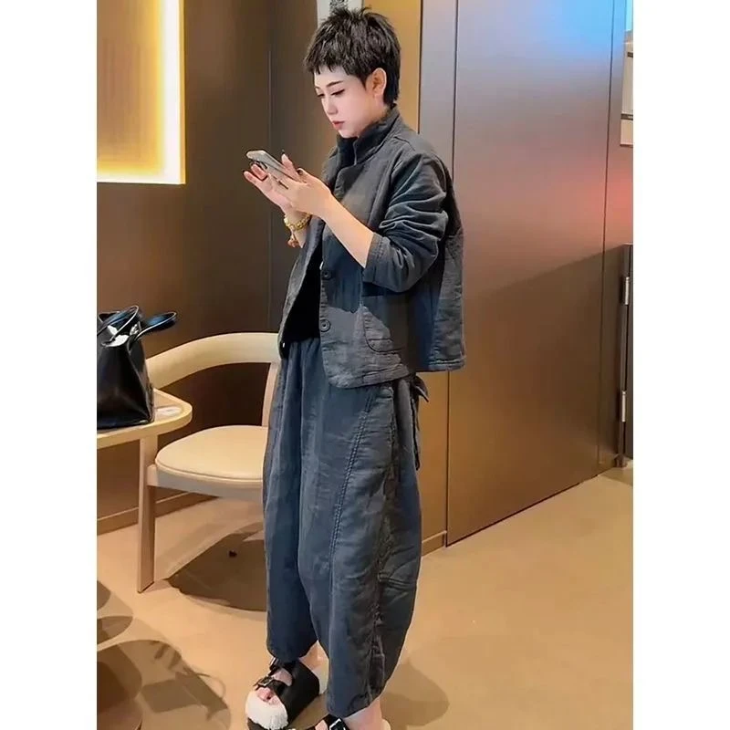 欧洲站2025秋冬新款时尚百搭显瘦高级感长袖翻领外套裤子两件套女
