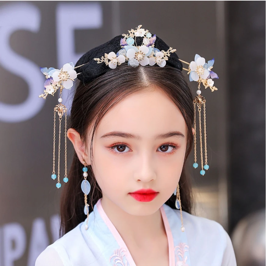儿童汉服头饰发簪套装超仙步摇流苏簪子古风发饰少女顶簪古装发冠