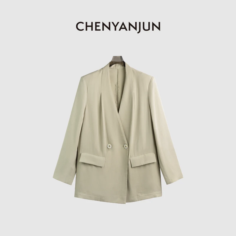 陈妍君【铜氨丝单层无领豆绿色西服】CYJ-WWO74-W921