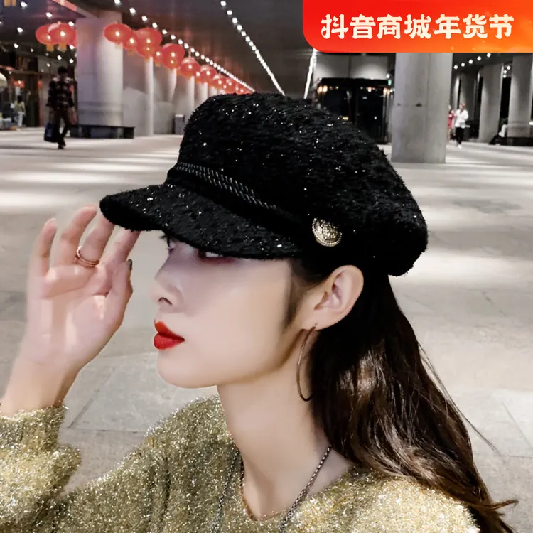 贝雷帽女毛呢潮冬季帽子女八角帽英伦复古时尚黑色款针织鸭舌帽