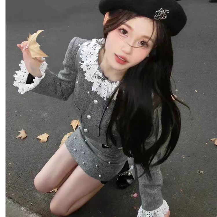 法式千金风短外套女2025新款春季高级感蕾丝时尚两件套套装重工