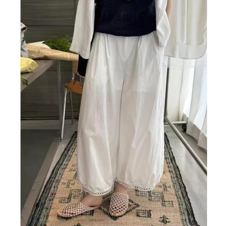 镂空白色九分裤夏季薄款冰凉女裤韩系花边裤子松紧腰休闲灯笼裤