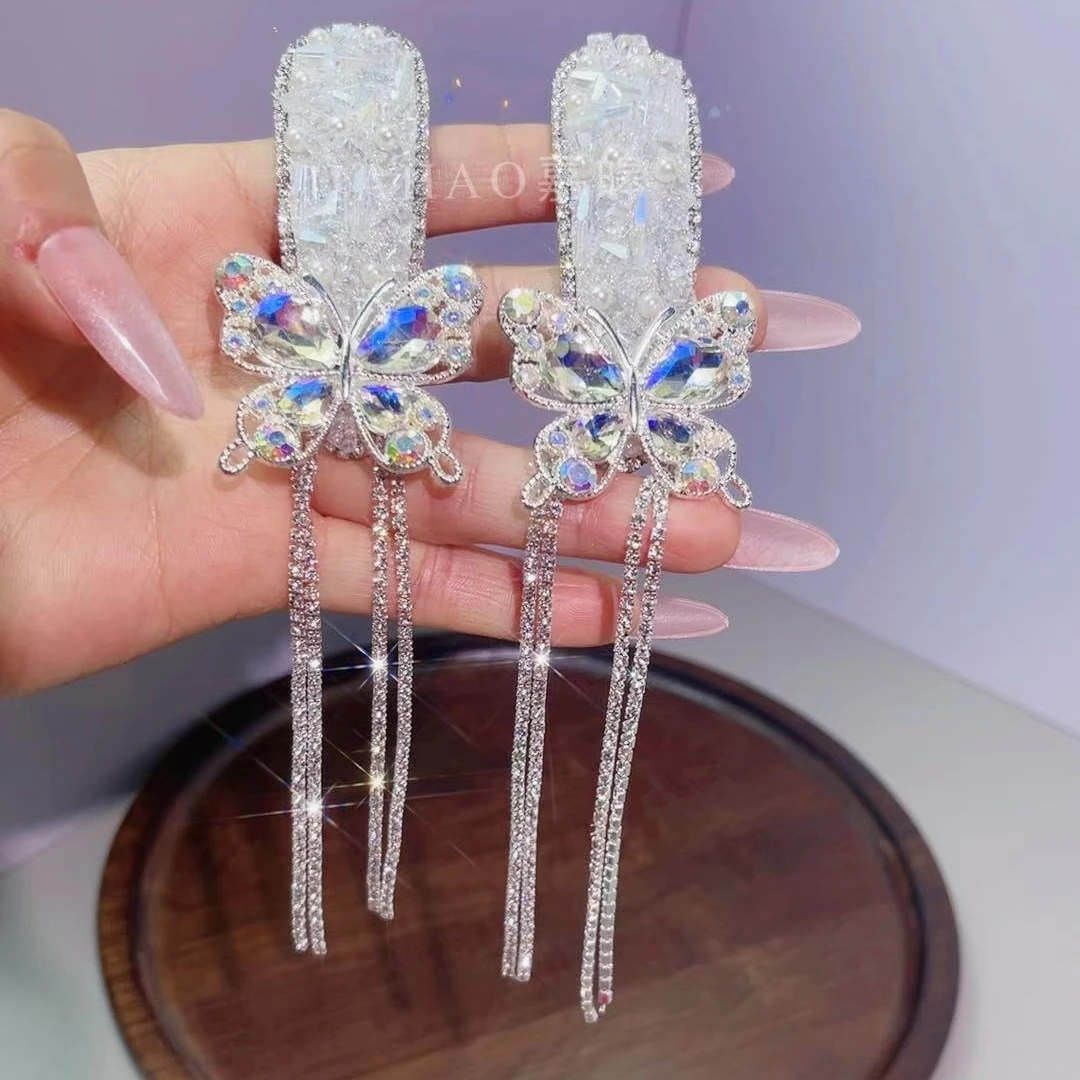 与蝶共舞超仙气质蝴蝶流苏发夹珍珠水钻侧边夹发饰