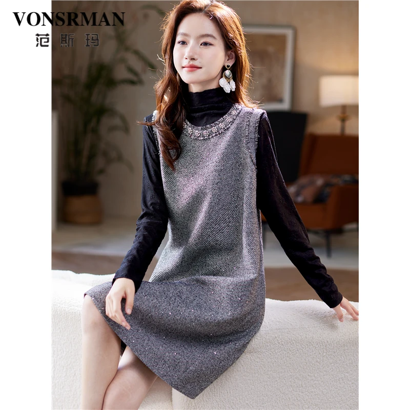 小香风钉钻亮丝背心裙女2025秋季新款法式气质简约百搭无袖连衣裙