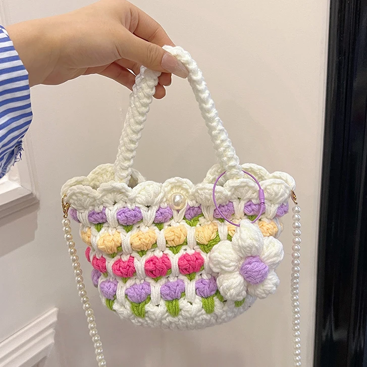 毛线钩织郁金香手提花包成品编织包包单肩斜挎手机包小菜篮子包