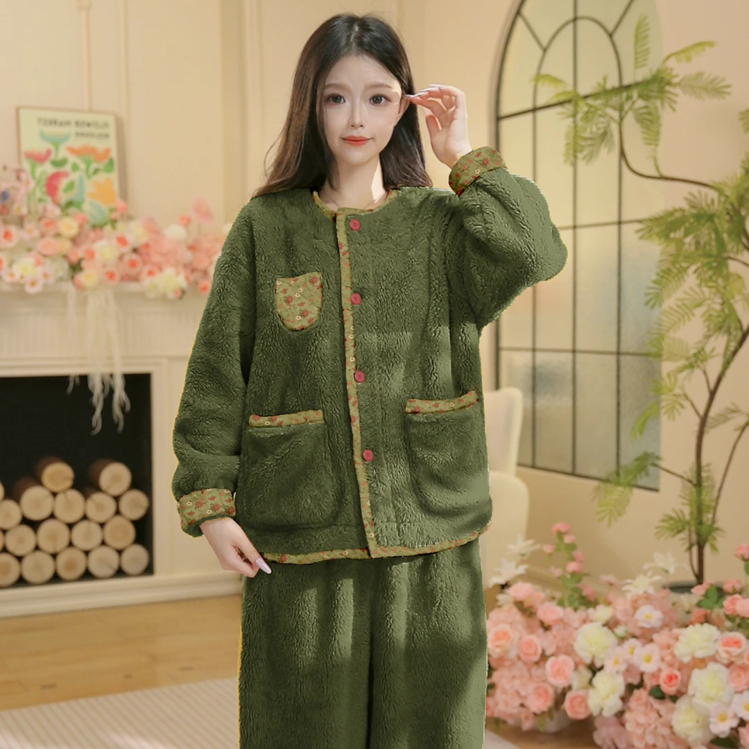 【绿拼碎花】M秋冬新款长袖加绒厚款家居服高颜值柔软睡衣套装