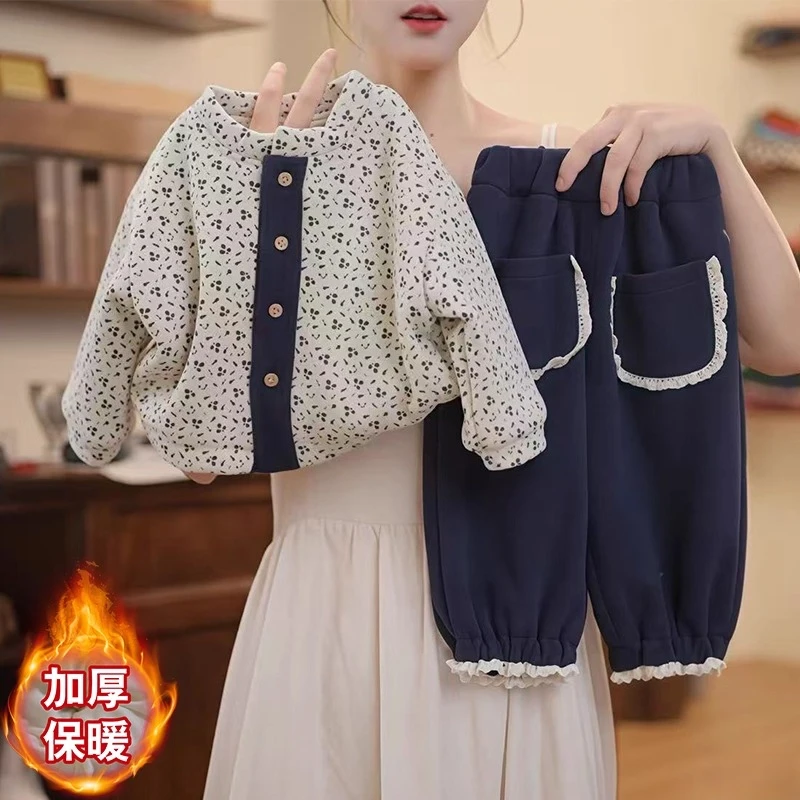 女童碎花棉衣灯笼裤套装2025新款秋冬加厚外套棉裤森系保暖小棉服