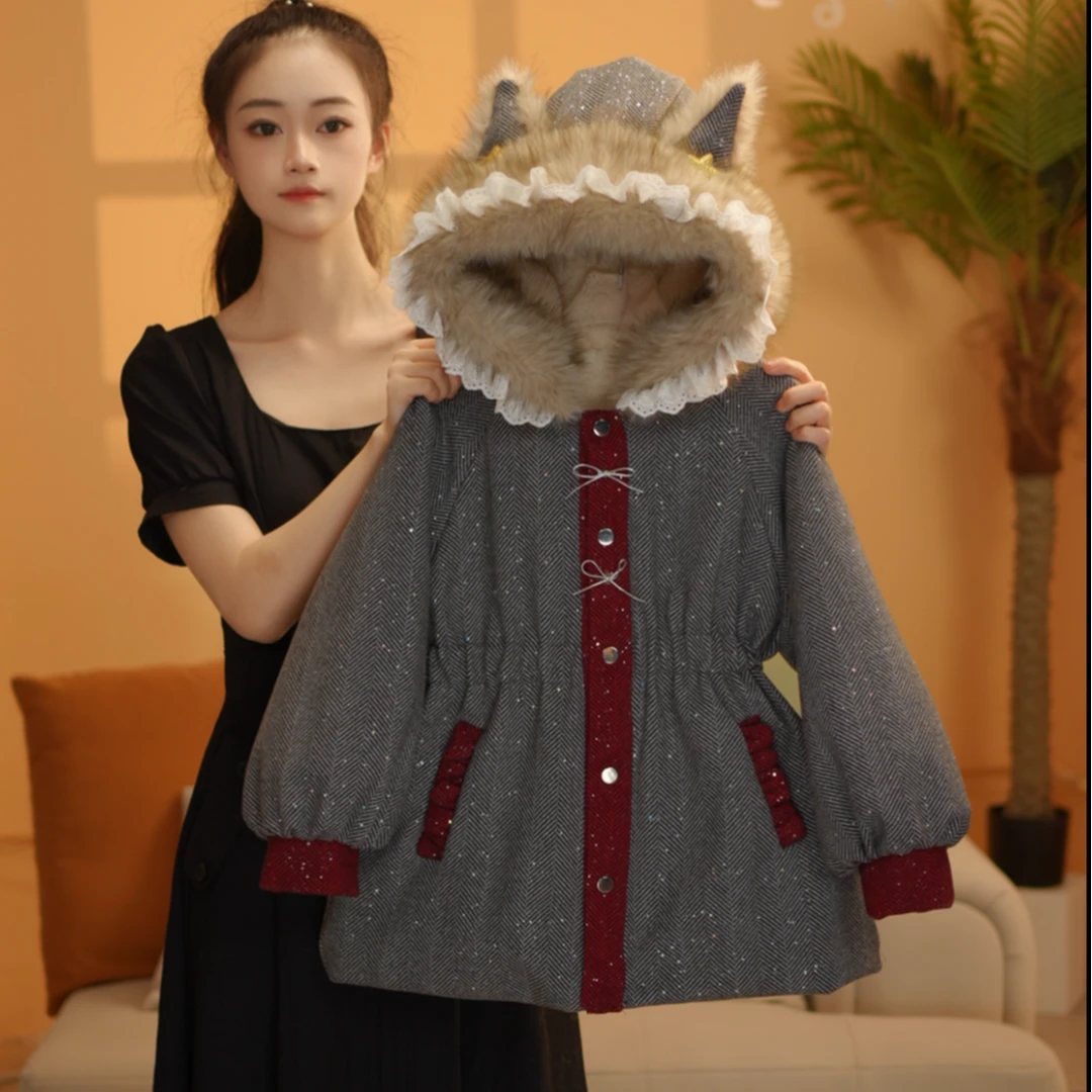 女童组合冬季2025年圣诞新年连帽加厚加绒外套测8