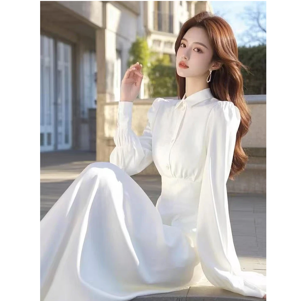 法式轻奢气质长裙裙子女装白色长袖衬衫连衣裙2025春季新款女款