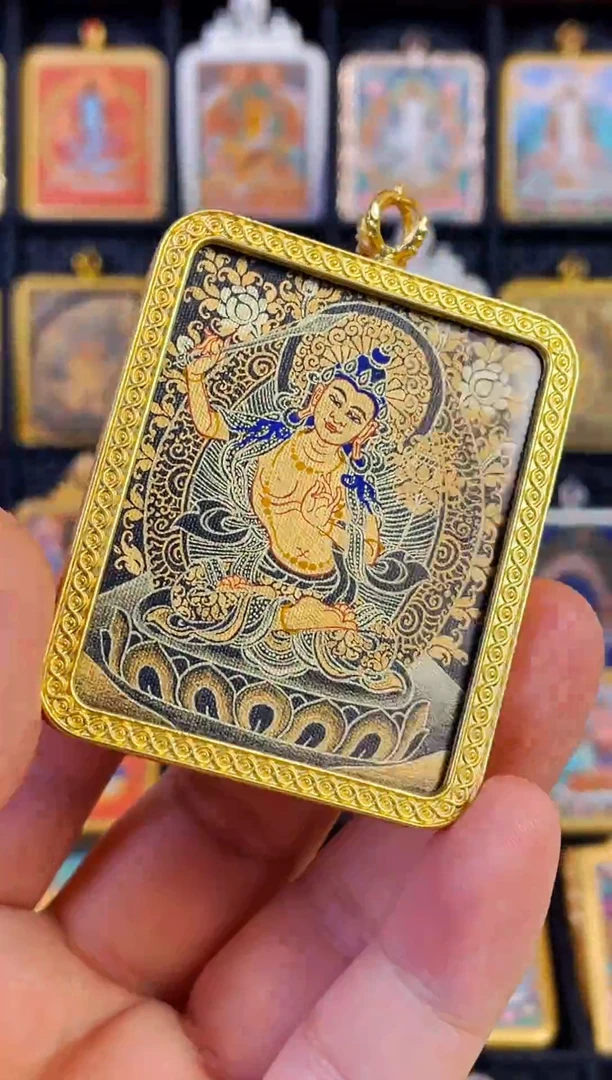 吊坠热贡纯手绘唐卡黑金唐文殊