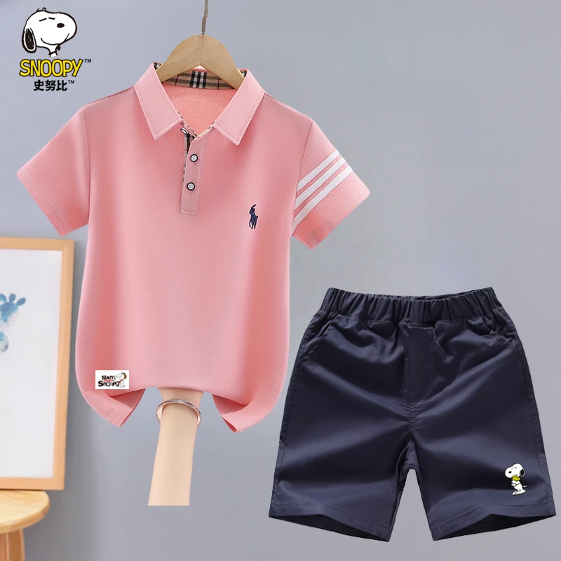 史努比男童套装夏装2025新款洋气中大童男孩翻领polo衫短袖两件套