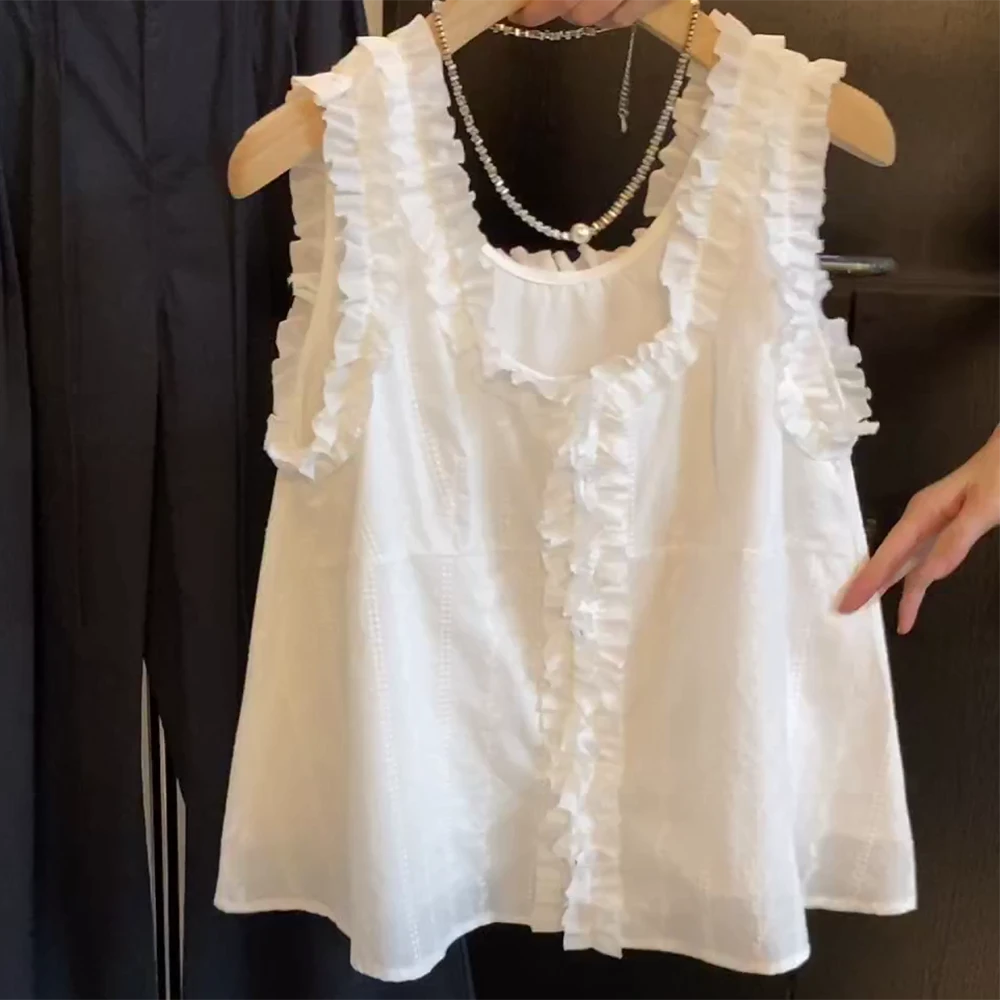 【季夏之声】V领甜美重工刺绣拼接木耳边花边无袖衬衫