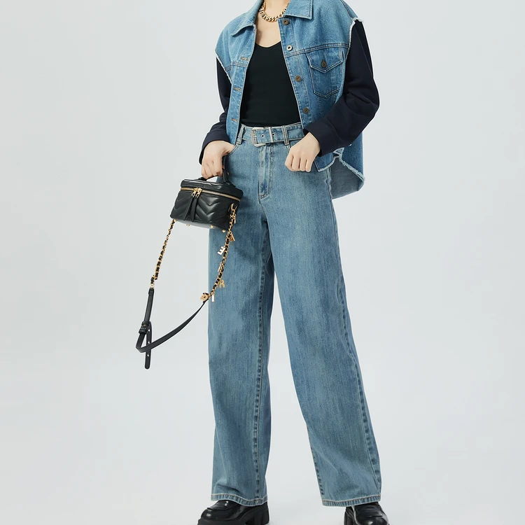 GIRDEAR/  哥弟新款女装百搭气质垂感造型腰带牛仔长裤1100461