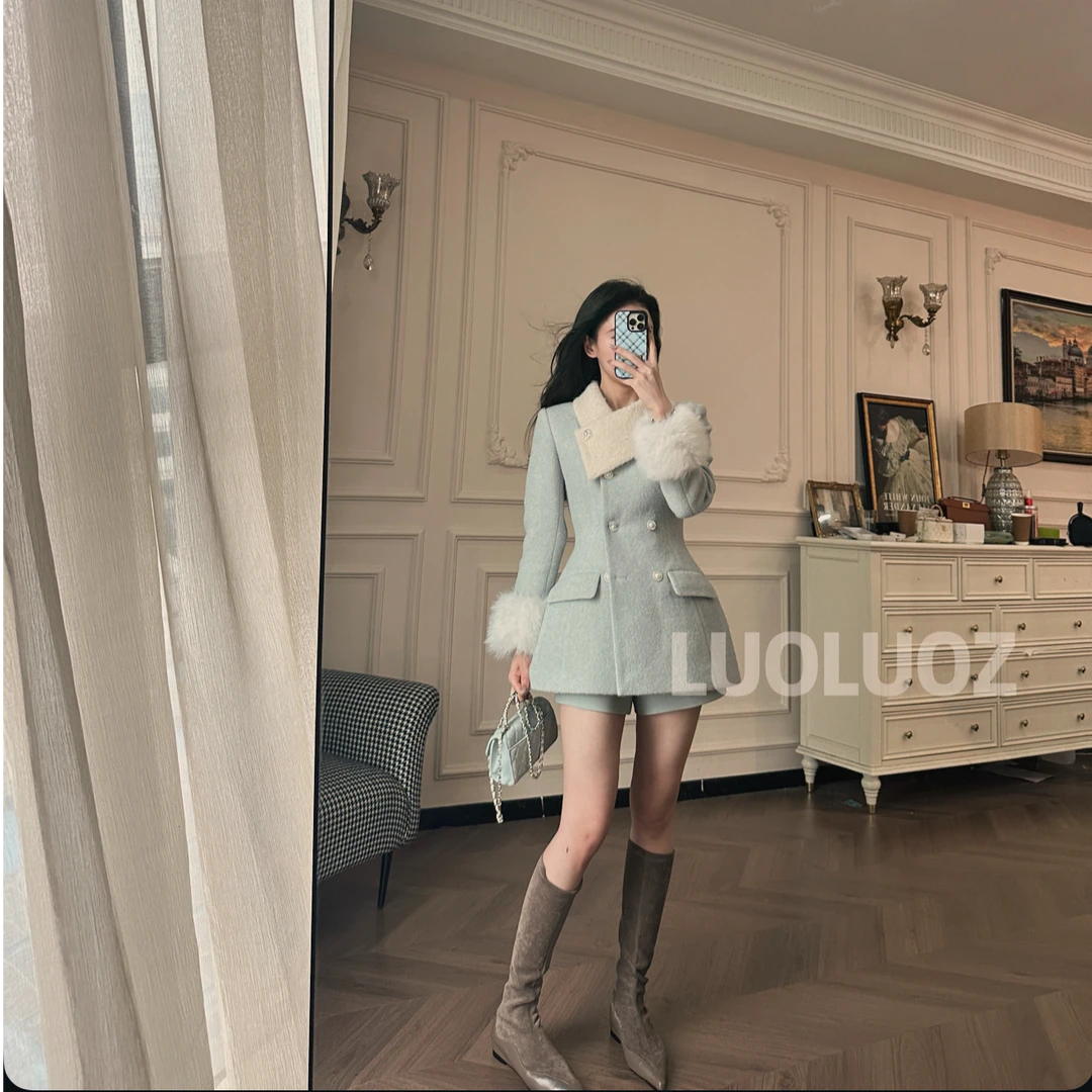 LUOLUOZ【梵高之梦】气质撞色毛领袖口设计外套＋短裤两件套JF1074