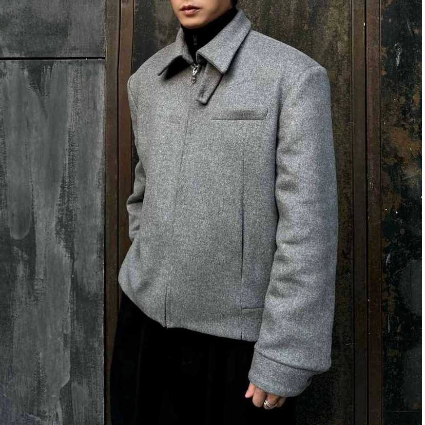 NULI WILI男装高级灰50%羊毛呢混纺冬季棉服外套羊毛填充短款夹克