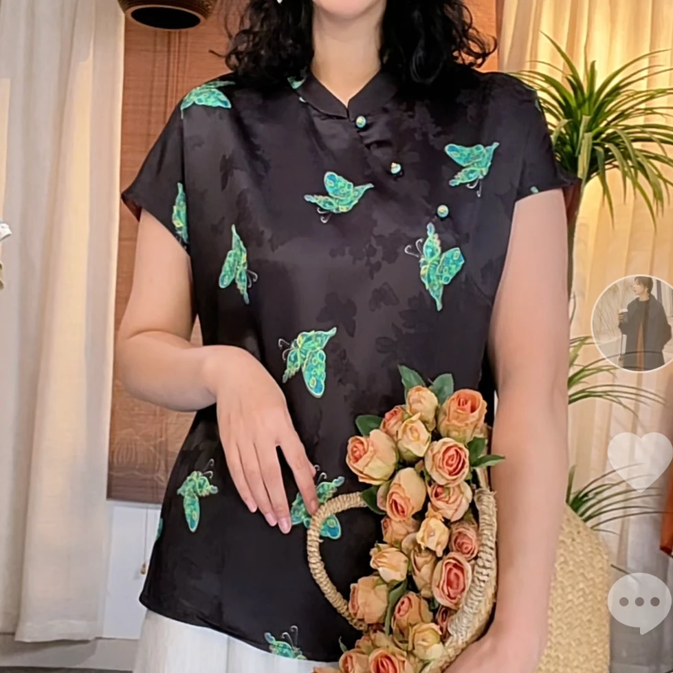 598正版高货绿蝴蝶遮肉显瘦新中式国风气质百搭短袖上衣