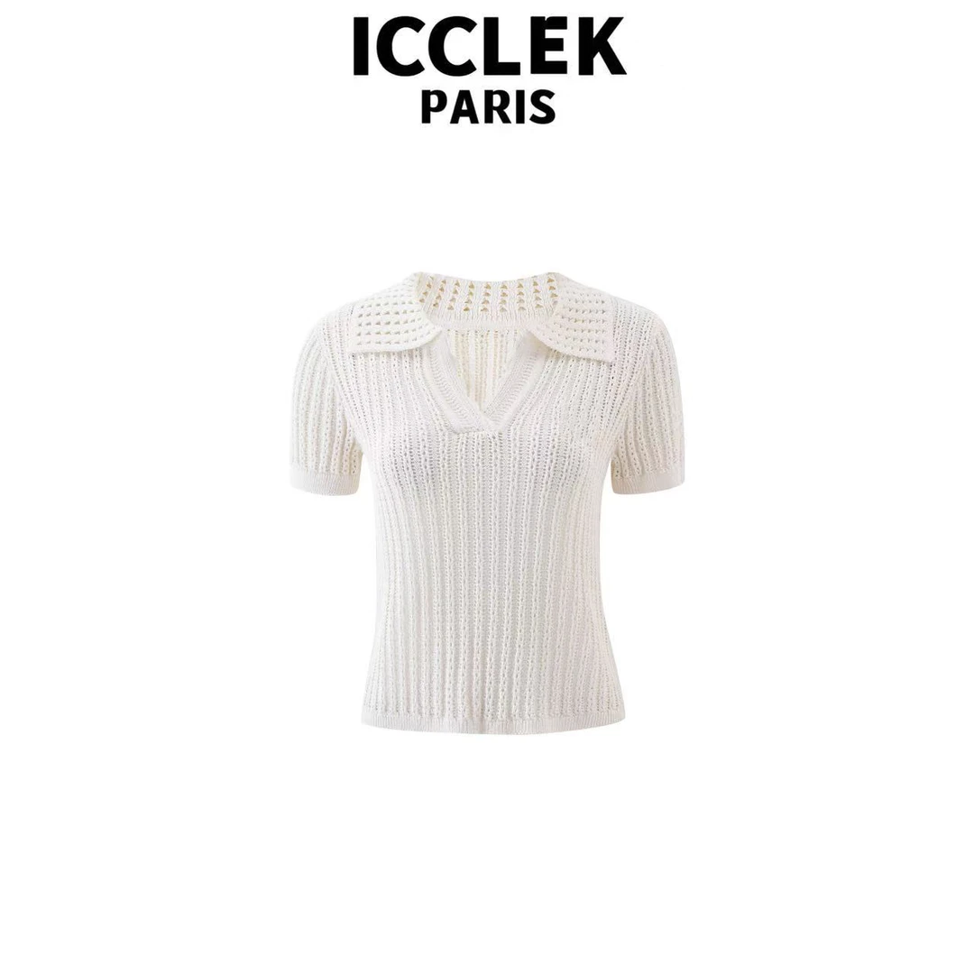 ICCLEK 白色翻领针织手工刺绣套头百搭时尚气质减龄T恤气质 -5673