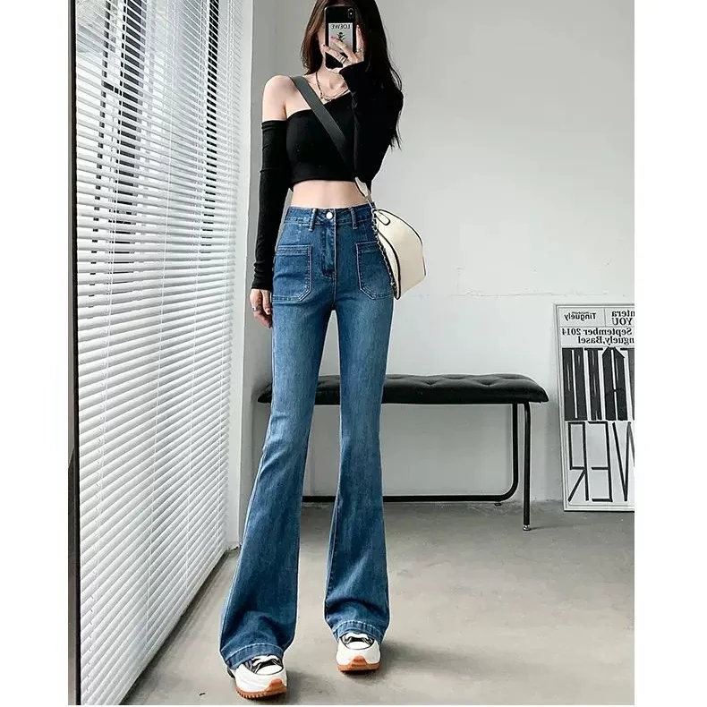 【现货y】复古蓝微喇叭牛仔裤女春季新款韩版高腰显瘦小个子长裤