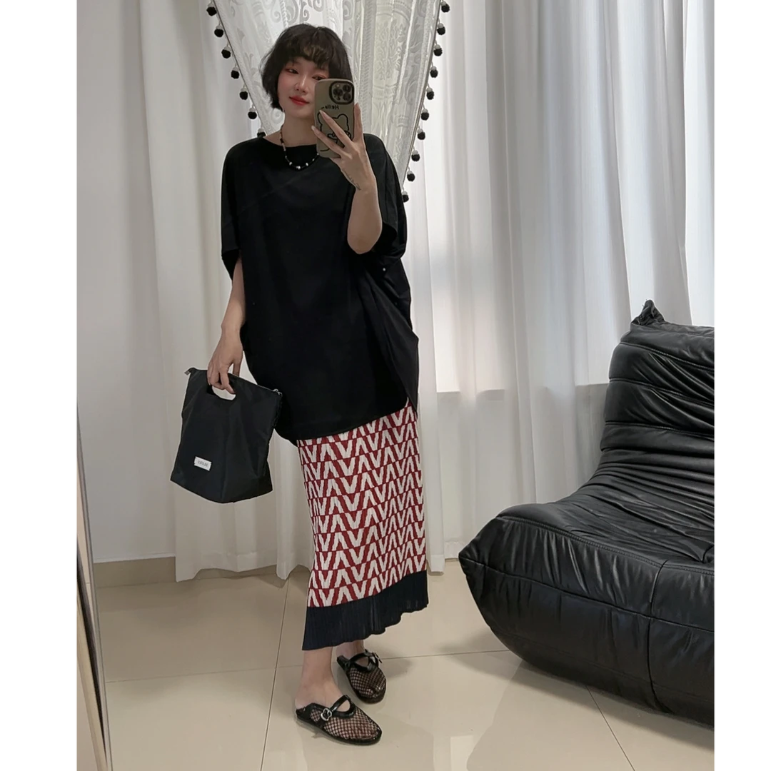 夏季新款高腰显瘦拼接印花中长款三宅风褶皱半身清冷系禅意衣服女