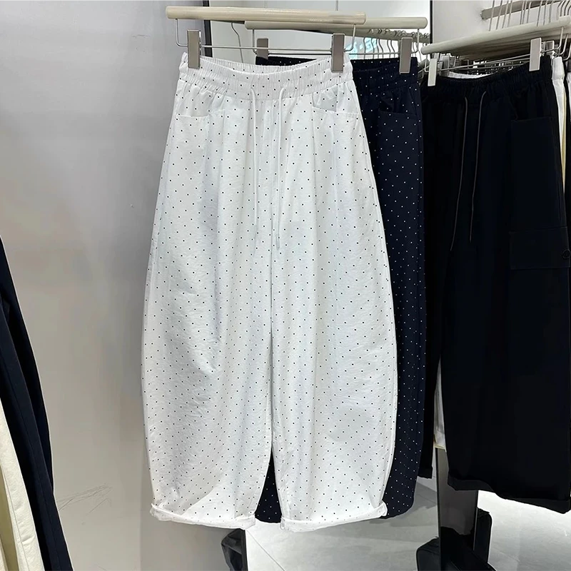 2025春季新款波点休闲裤女大码胖mm高腰宽松九分裤显瘦阔腿哈伦裤