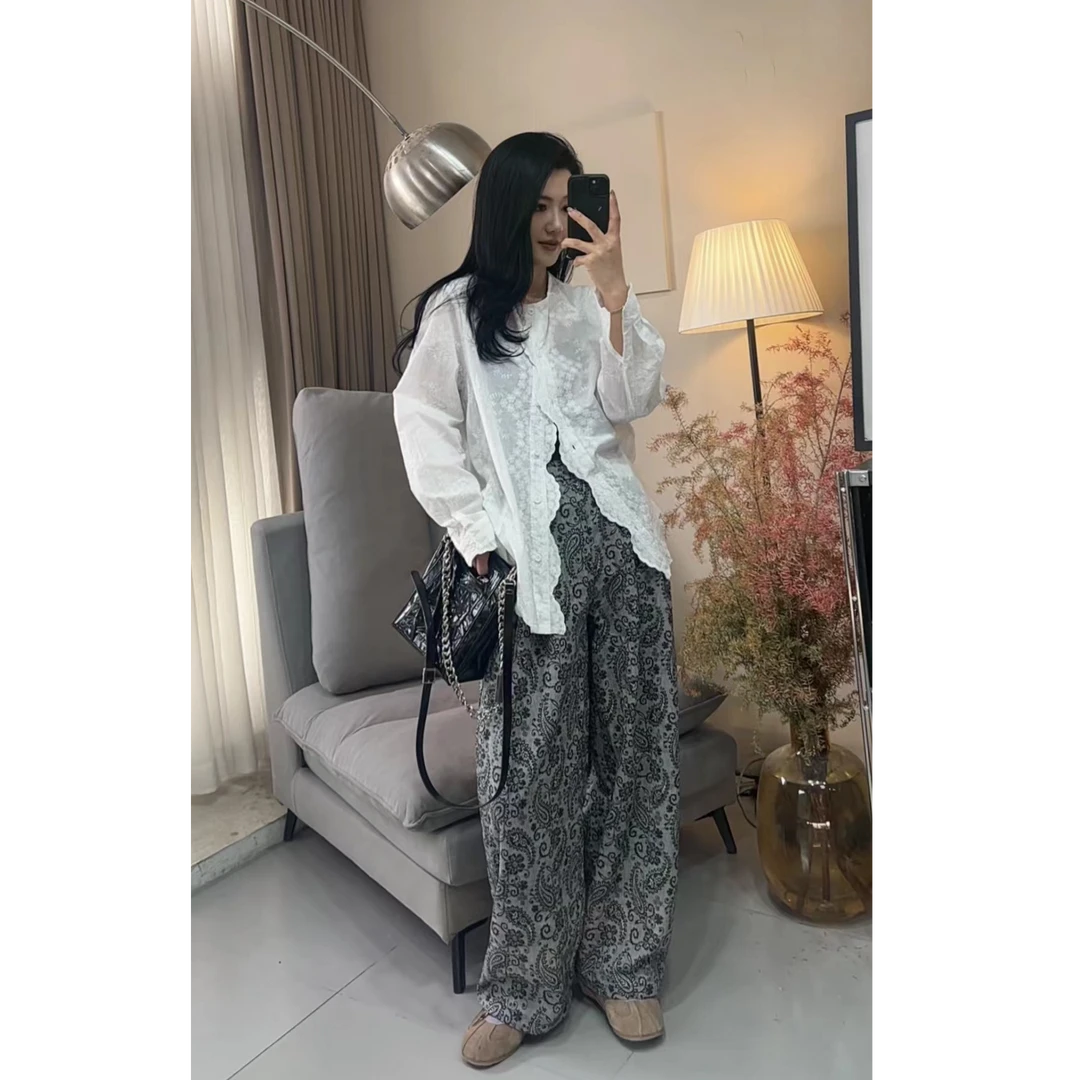 松紧腰提花阔腿裤女欧货2025春新款时尚防晒休闲直筒裤长裤拖地裤