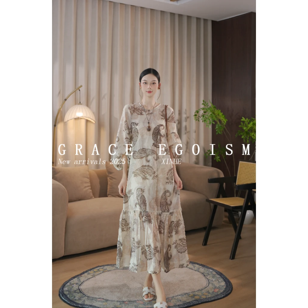 金禾【腰果序】折扣夏款国风原创亚麻腰果花气质显瘦连衣裙3461