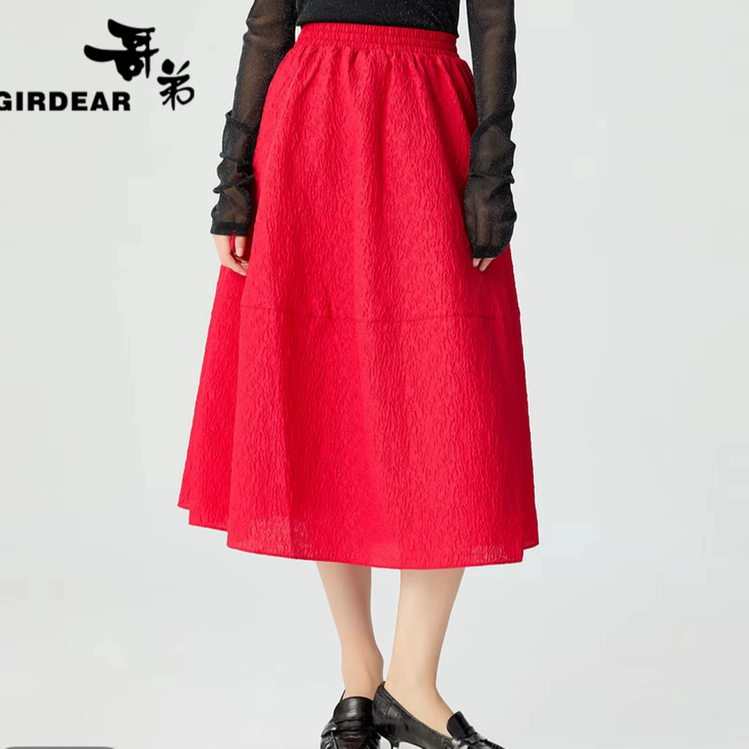 GIRDEAR/哥弟夏季休闲减龄百搭韩系水波纹褶皱高腰公主裙1200321